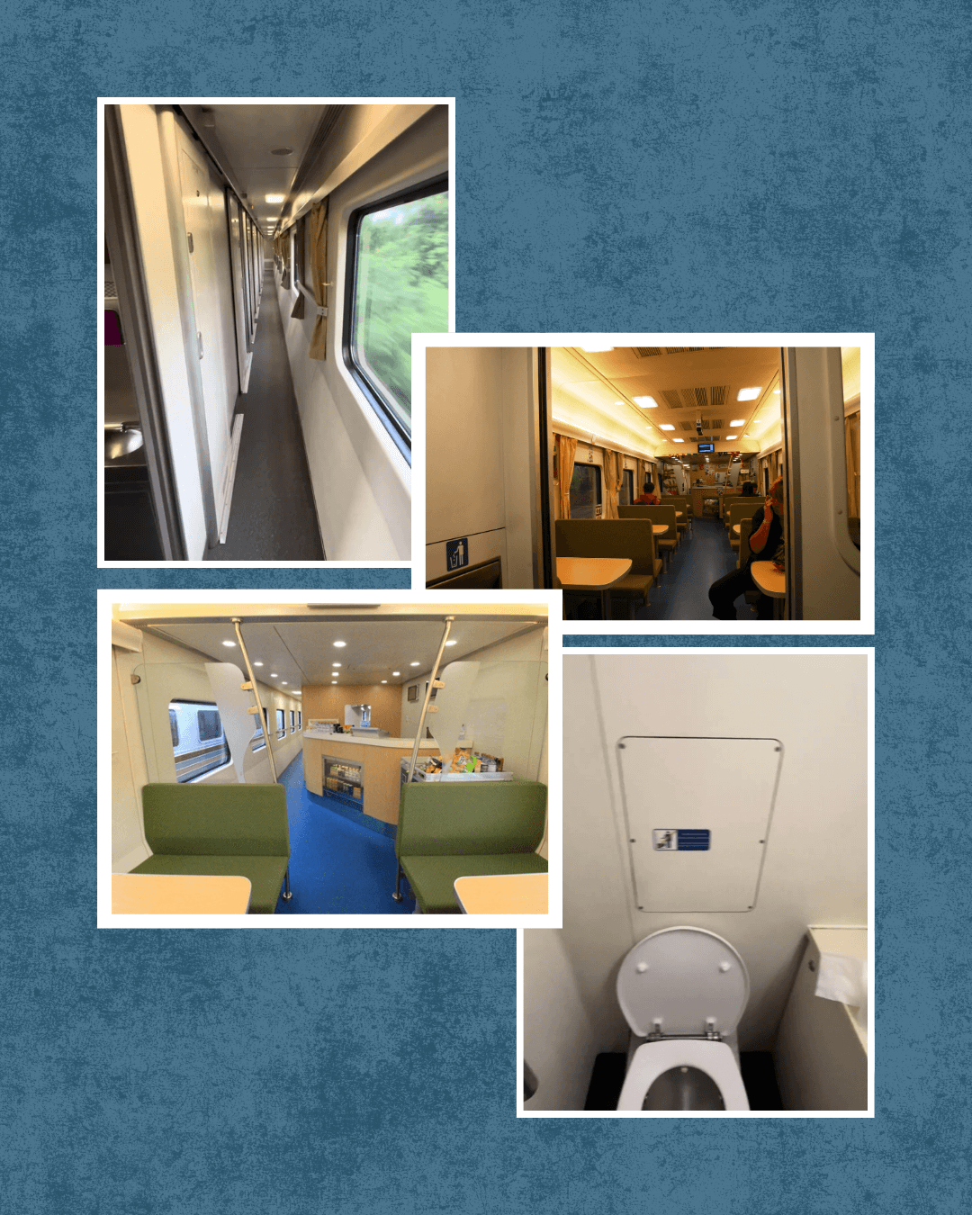 Train interior collage — corridor, seating and tables, family play zone, and onboard restroom