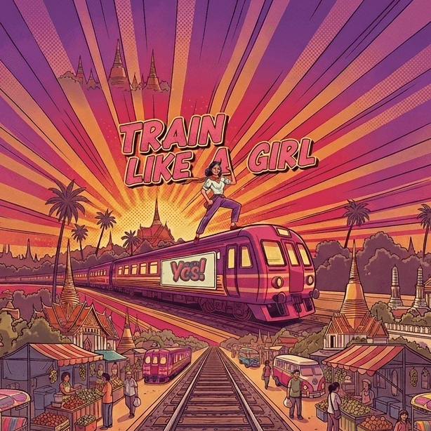 A vibrant, retro-comic style illustration of a woman standing confidently atop a purple train traveling through a Thai landscape filled with temples, night markets, and tuk-tuks, featuring the text 'Train Like A Girl'.